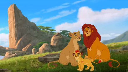 HD PC desktop wallpaper of three animated lions from Disney TV show The Lion Guard: a proud adult male and female with a playful cub on grassy plains under a blue sky and rocky outcrop.