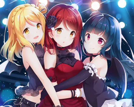 HD anime desktop wallpaper featuring Yoshiko Tsushima, Riko Sakurauchi, and Mari Ohara from Love Live! Sunshine!! in elegant black and red outfits.