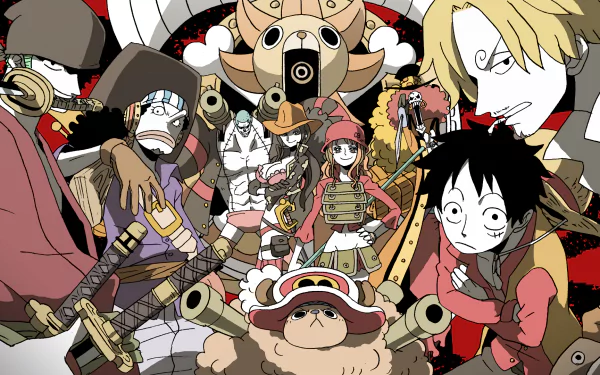 HD desktop wallpaper featuring the One Piece crew—Luffy, Zoro, Nami, Sanji, Usopp, Chopper, Robin, Franky, Brook—and the Thousand Sunny ship in vibrant anime style.