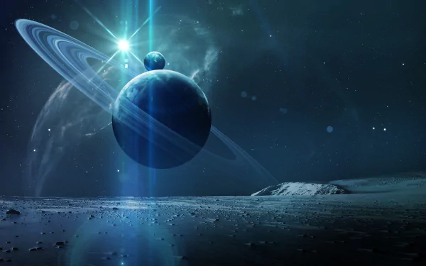 A 4K Ultra HD Sci-Fi wallpaper featuring a detailed planet with a glowing ring system, viewed from a rocky lunar surface under a starry sky.