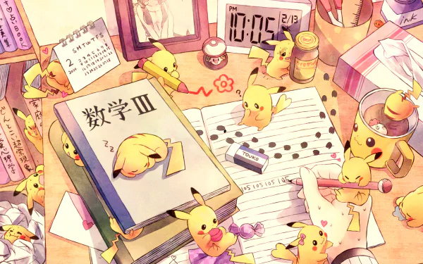 A vibrant anime-themed HD desktop wallpaper featuring multiple Pikachu characters from Pokemon, surrounded by study materials and desk items in a colorful setting.