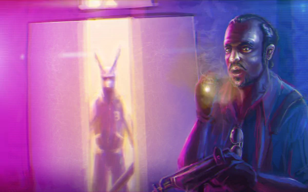 HD PC desktop wallpaper featuring a dark, intense scene inspired by the video game Hotline Miami, with a character holding a gun and a glowing figure in the background.