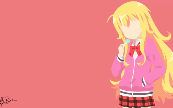 Minimalist 4K Ultra HD anime wallpaper of Gabriel Tenma White from Gabriel DropOut, featuring her iconic blonde hair and school uniform against a solid pink background.