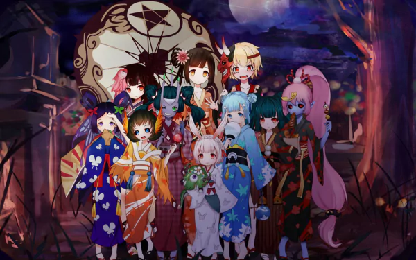 Anime-style Onmyoji characters gather in traditional attire under a moonlit night, designed as a vibrant HD PC desktop wallpaper and background.