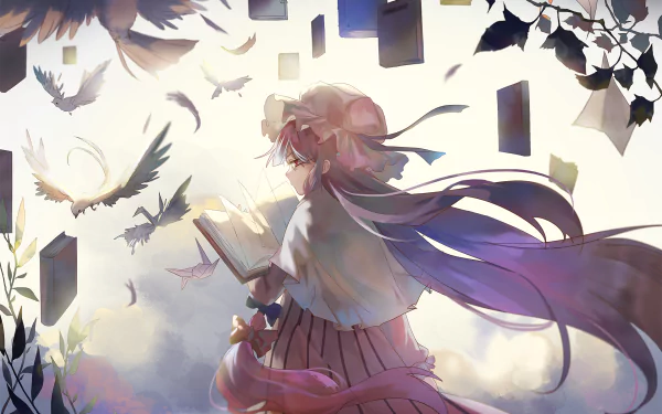 HD anime desktop wallpaper featuring Patchouli Knowledge from Touhou, depicted reading a glowing book surrounded by flying birds and floating light panels in a mystical atmosphere.
