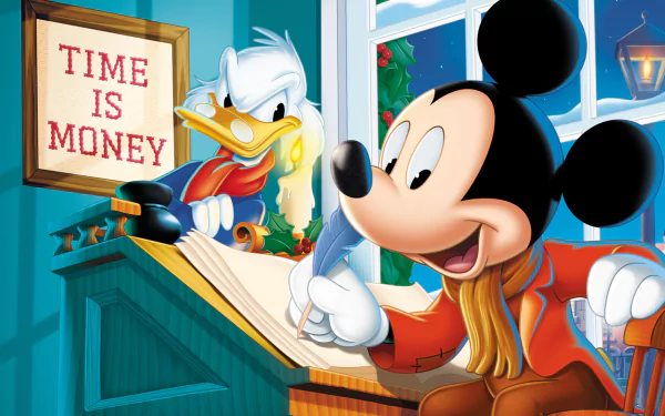 HD PC desktop wallpaper featuring Mickey Mouse and Scrooge McDuck in a scene from the movie Mickey's Christmas Carol, with a Time is Money sign in the background.
