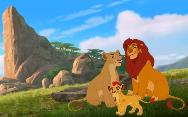 HD PC desktop wallpaper of three animated lions from Disney TV show The Lion Guard: a proud adult male and female with a playful cub on grassy plains under a blue sky and rocky outcrop.