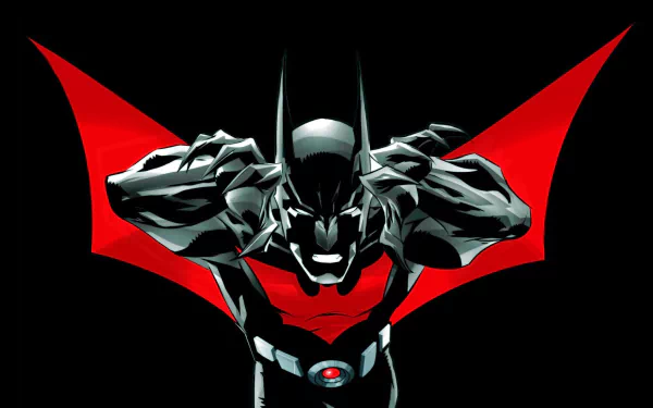 HD PC desktop wallpaper featuring Batman Beyond from the DC Comics TV show, showcasing the futuristic Bat-suit with a striking red bat emblem on a black background.