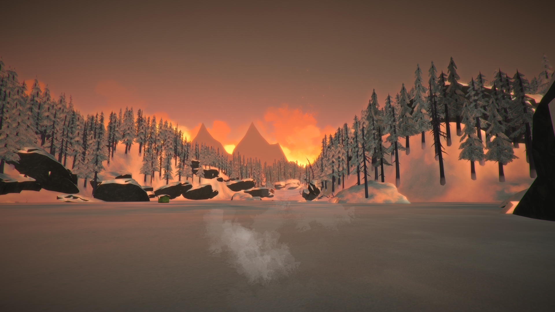 Sunset over a snow-covered mountain lake in The Long Dark video game, rendered in 8K Ultra HD for PC desktop wallpaper and background.