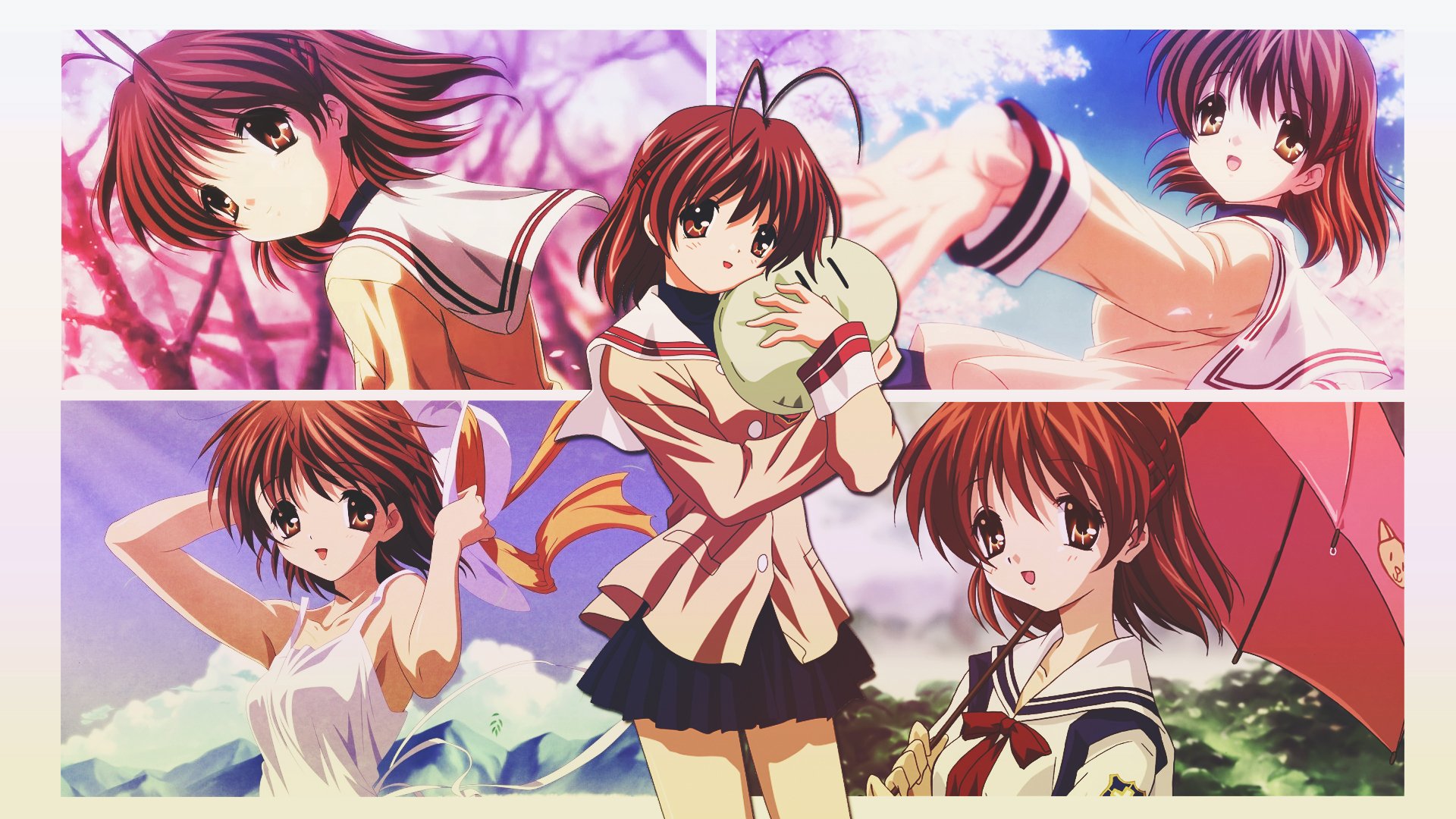 HD PC desktop wallpaper featuring multiple anime characters from Clannad in various poses and vibrant backgrounds.