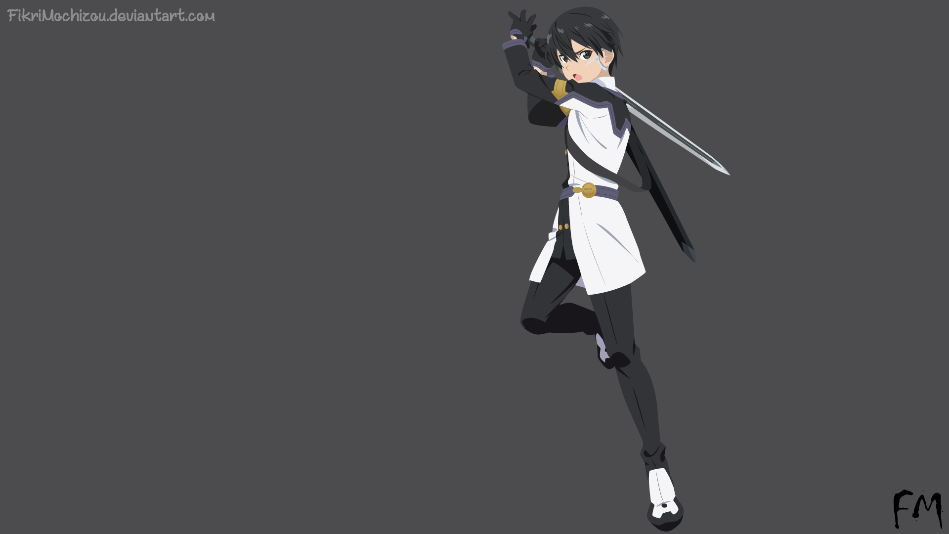Kirito (Sword Art Online Movie: Ordinal Scale) leaping with drawn sword on a minimalist gray backdrop — HD PC desktop wallpaper/background.