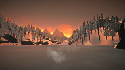 Sunset over a snow-covered mountain lake in The Long Dark video game, rendered in 8K Ultra HD for PC desktop wallpaper and background.