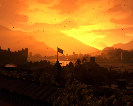 HD PC desktop wallpaper featuring a dramatic orange sunset over a cityscape from the video game Dying Light.
