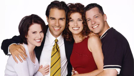HD desktop wallpaper featuring the cast of the TV show Will & Grace (1998) smiling together against a white background.