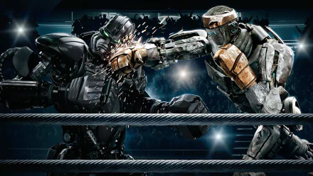 HD PC desktop wallpaper of two fighting robots from the movie Real Steel exchanging a punch in a spotlighted boxing ring, sparks flying across the arena.