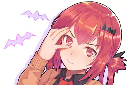 HD anime desktop wallpaper featuring Satanichia Kurumizawa McDowell from Gabriel DropOut, showing her with red hair, a confident expression, and small purple bats nearby.