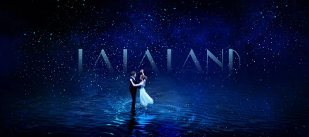 HD wallpaper from the movie La La Land, featuring Emma Stone and Ryan Gosling dancing under a starry night with La La Land text in the background.