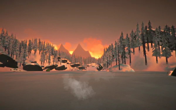 Sunset over a snow-covered mountain lake in The Long Dark video game, rendered in 8K Ultra HD for PC desktop wallpaper and background.