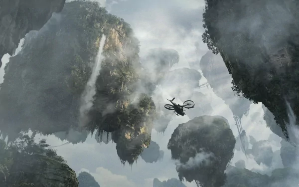 A stunning HD image of floating islands amidst clouds, featuring a helicopter soaring through a mystical skyline, reminiscent of the enchanting world from the movie Avatar.