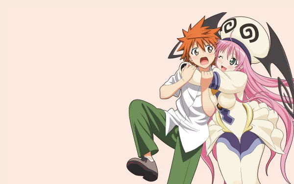 Rito Yuuki and Lala Satalin Deviluke from the anime To Love-Ru share a playful moment in this HD desktop wallpaper, showcasing their vibrant colors and lively expressions.