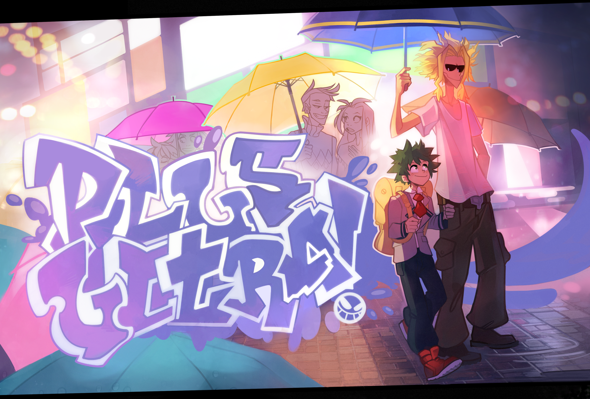 4K Ultra HD My Hero Academia anime wallpaper featuring characters holding colorful umbrellas in a vibrant, rainy urban setting.