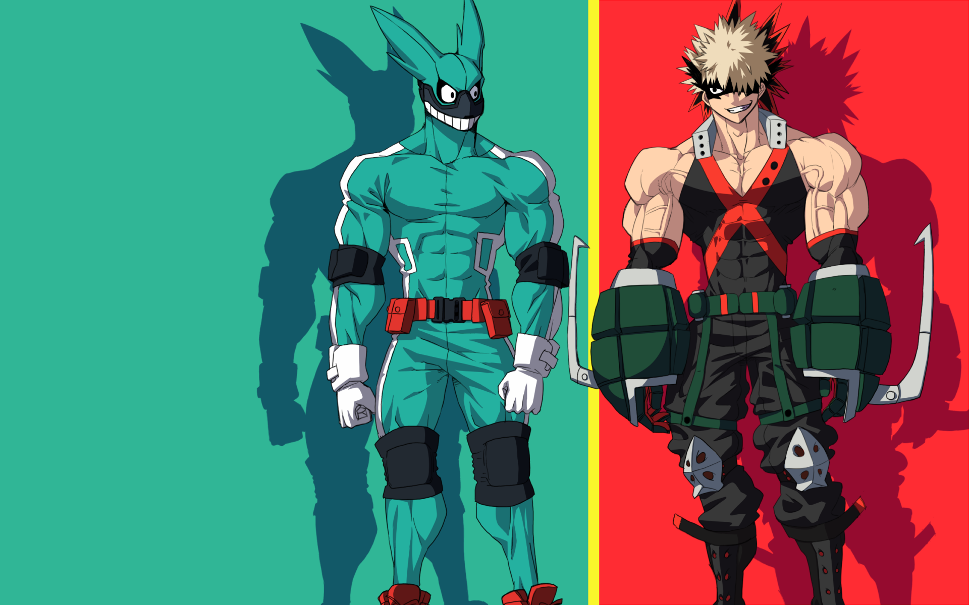 HD desktop wallpaper of characters from My Hero Academia showcasing two heroes standing against a split green and red background. The left character is in green combat attire, and the right one in black and orange.