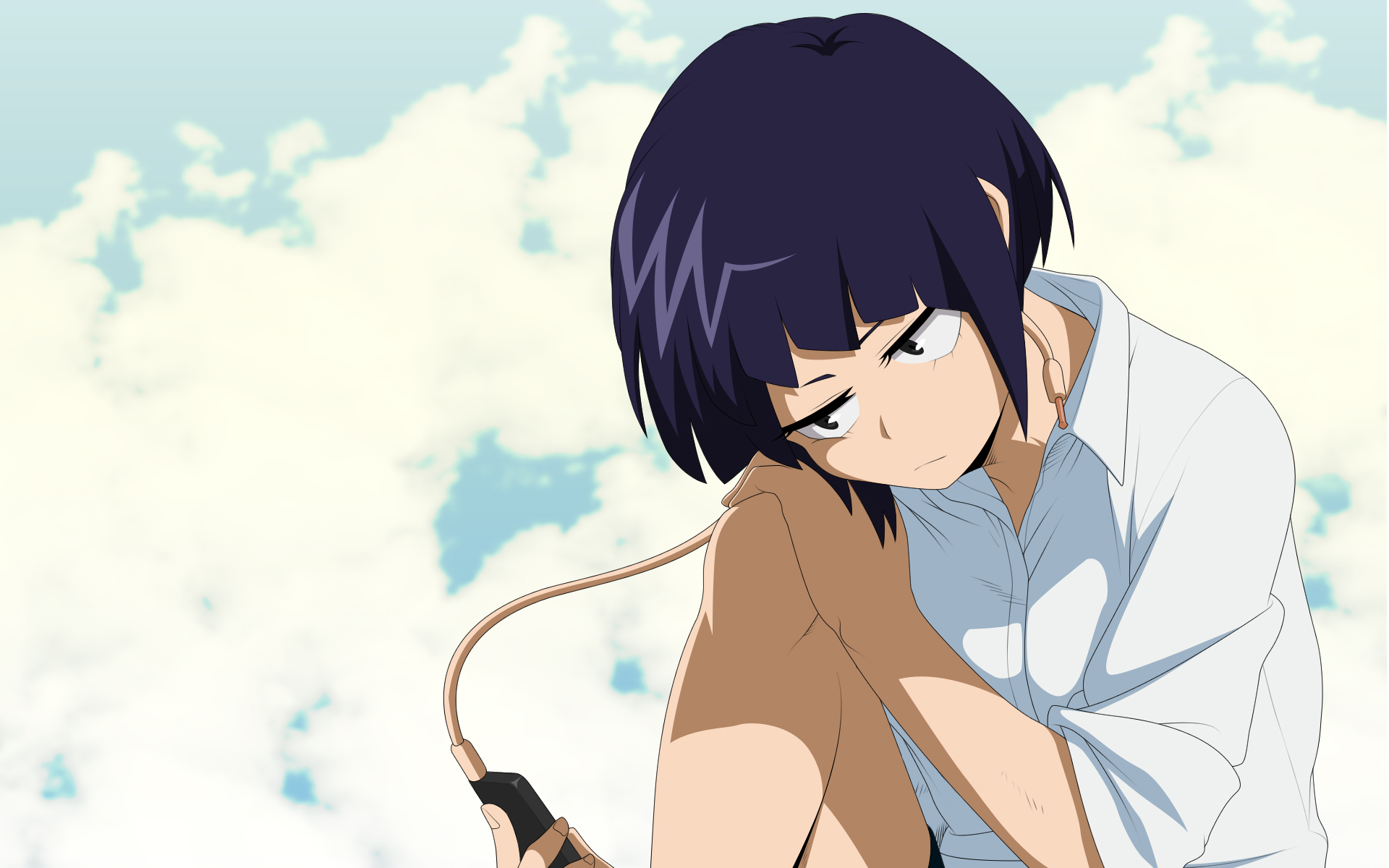 A girl with short dark hair sits pensively against a backdrop of fluffy clouds, inspired by My Hero Academia. This stunning image serves as an HD desktop wallpaper.