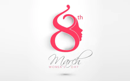 HD PC desktop wallpaper featuring a red 8 shaped Women's Day design with a female profile silhouette and elegant 8th March Women's Day text for the holiday.
