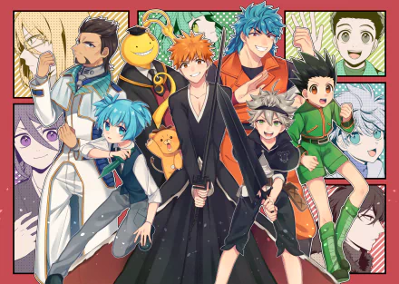 HD desktop wallpaper featuring a vibrant anime crossover with characters from Hunter x Hunter, Bleach, Assassination Classroom, and Toriko. Key figures include Gon Freecss, Ichigo Kurosaki, and Koro-sensei.