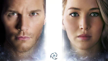 HD wallpaper featuring Jennifer Lawrence and Chris Pratt from the movie Passengers, showcasing their intense expressions against a cosmic background.