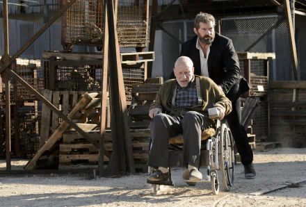 HD desktop wallpaper featuring Patrick Stewart as Professor X and Hugh Jackman as Wolverine from the movie Logan. Stewart sits in a wheelchair, pushed by Jackman in an outdoor industrial setting.