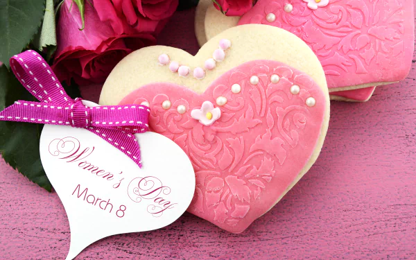 HD wallpaper displaying heart-shaped cookies with intricate pink icing, adorned with pearls and flowers, alongside a tag celebrating Women's Day on March 8. The background is a soft pink texture.