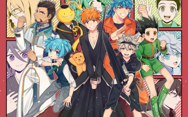 HD desktop wallpaper featuring a vibrant anime crossover with characters from Hunter x Hunter, Bleach, Assassination Classroom, and Toriko. Key figures include Gon Freecss, Ichigo Kurosaki, and Koro-sensei.