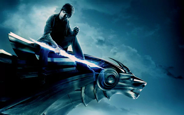 HD PC desktop wallpaper featuring Percy Jackson from the movie Percy Jackson & the Olympians: The Lightning Thief wielding lightning atop a metallic lion statue.