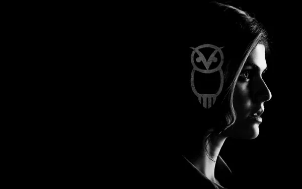 HD PC desktop wallpaper: black-and-white profile of a young woman beside a stylized owl emblem on a dark background; promotional image for the movie Percy Jackson: Sea of Monsters.