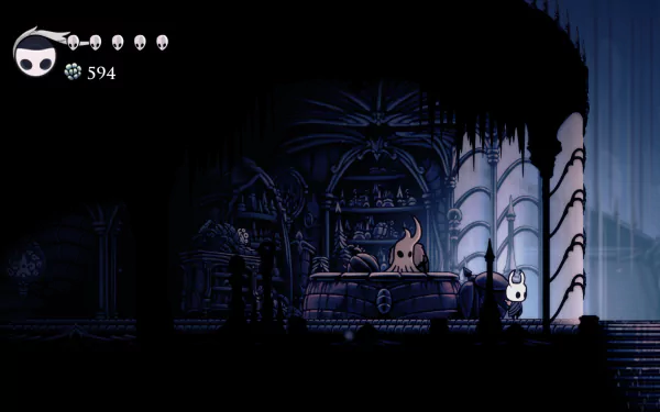 Lemm (Hollow Knight) in a shadowed Gothic shop bathed in pale blue light — Hollow Knight video game 4K Ultra HD PC desktop wallpaper/background