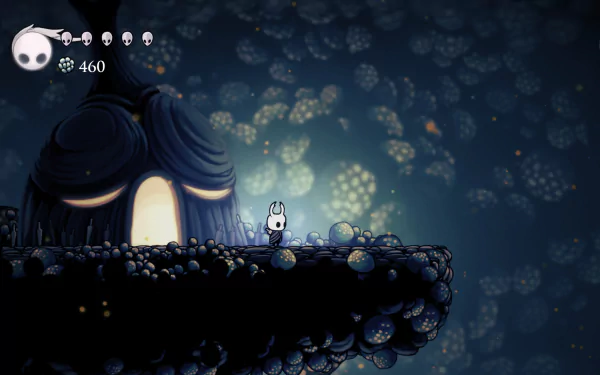 Scene from the Hollow Knight video game: protagonist on a rocky ledge before a glowing mushroom house in a spore-lit cave — 4K Ultra HD PC desktop wallpaper.