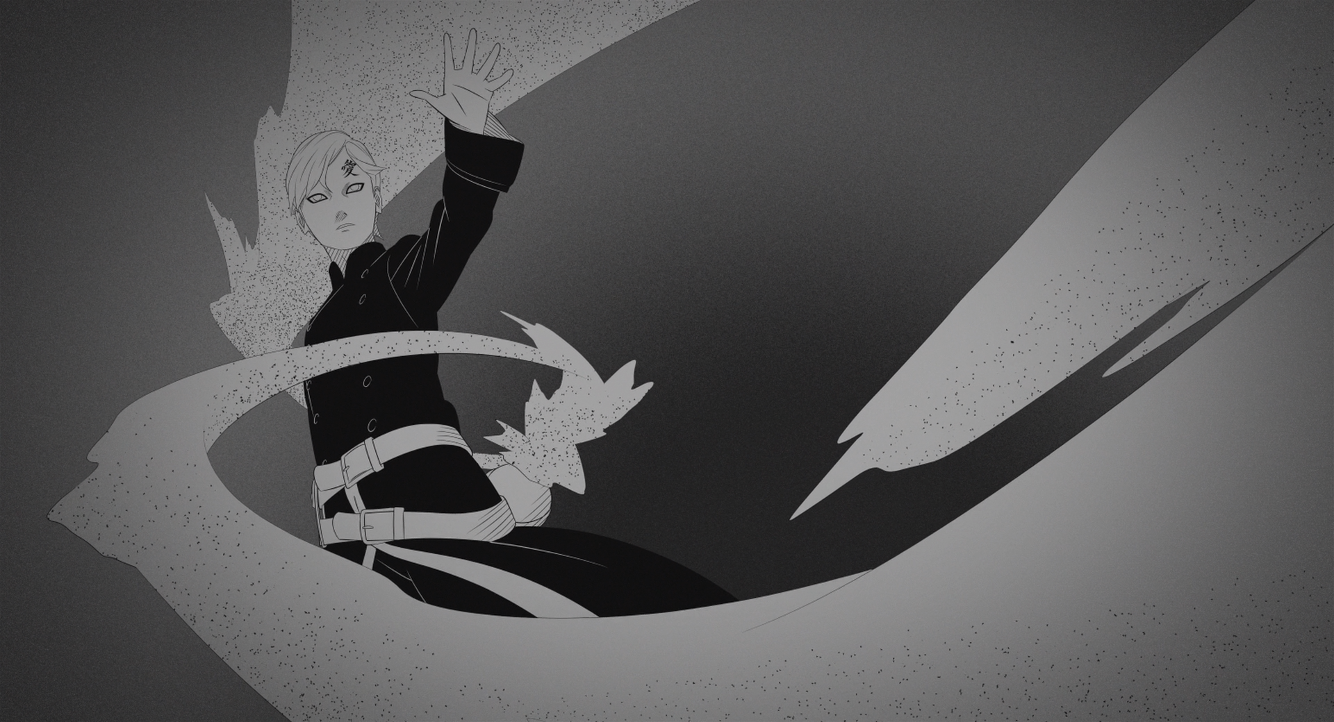HD desktop wallpaper of Gaara from Naruto and Boruto anime series; features Gaara in a striking pose surrounded by swirling sand in monochromatic tones.