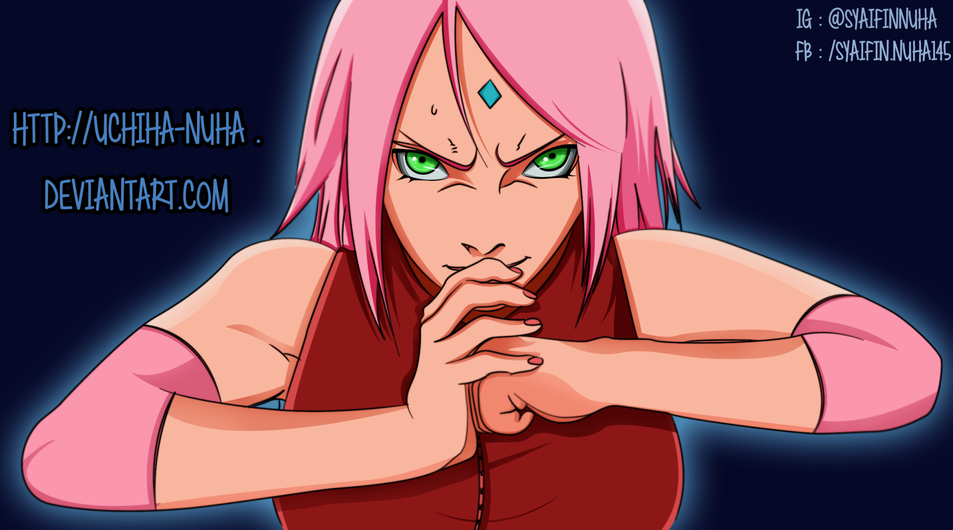 HD PC desktop wallpaper featuring Sakura Haruno from Naruto in a focused pose with vibrant pink hair and green eyes against a dark background.