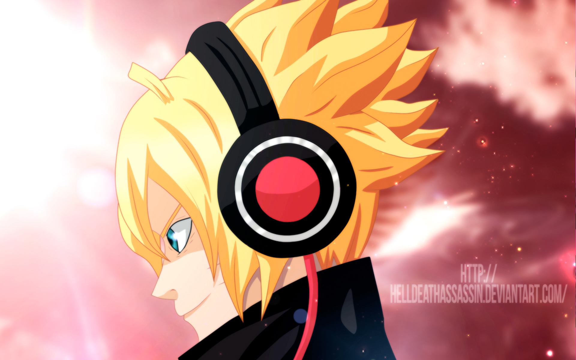 HD desktop wallpaper featuring Boruto Uzumaki from the anime Boruto, showcasing him in profile wearing large red and black headphones against a pink and white background.