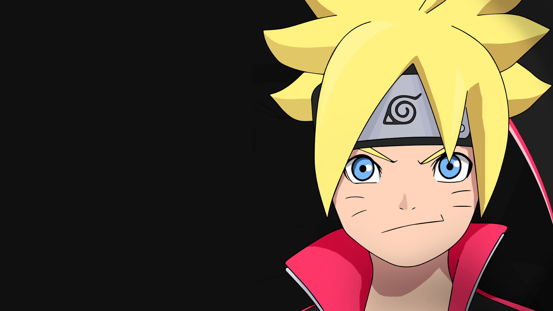 HD desktop wallpaper featuring Boruto Uzumaki from the anime Boruto. Boruto is shown with a confident expression, wearing a headband and a red-collared outfit against a black background.