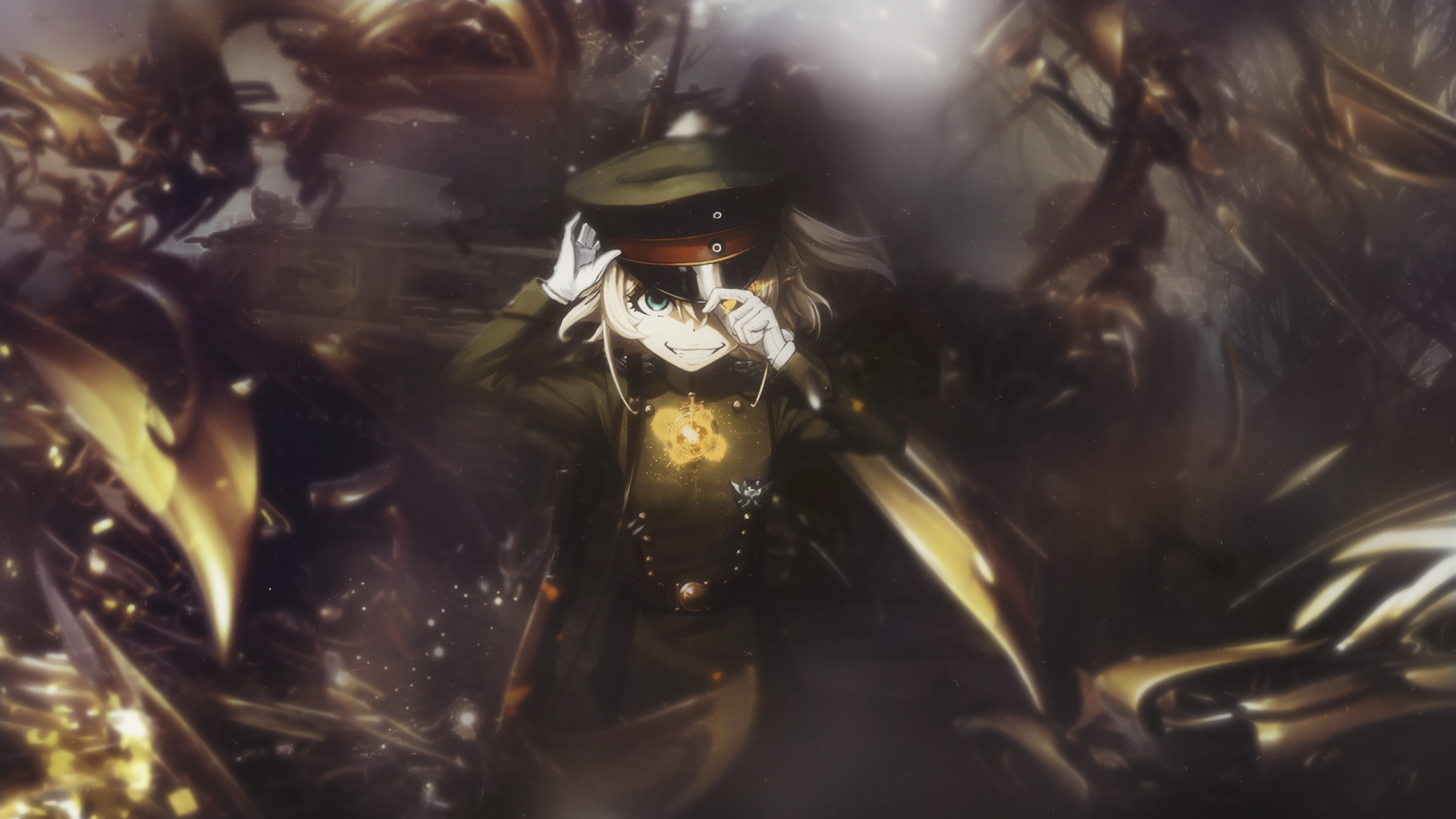 HD wallpaper featuring Tanya Degurechaff from the anime Youjo Senki, depicted in an intense battlefield setting, surrounded by dark and mystical elements.