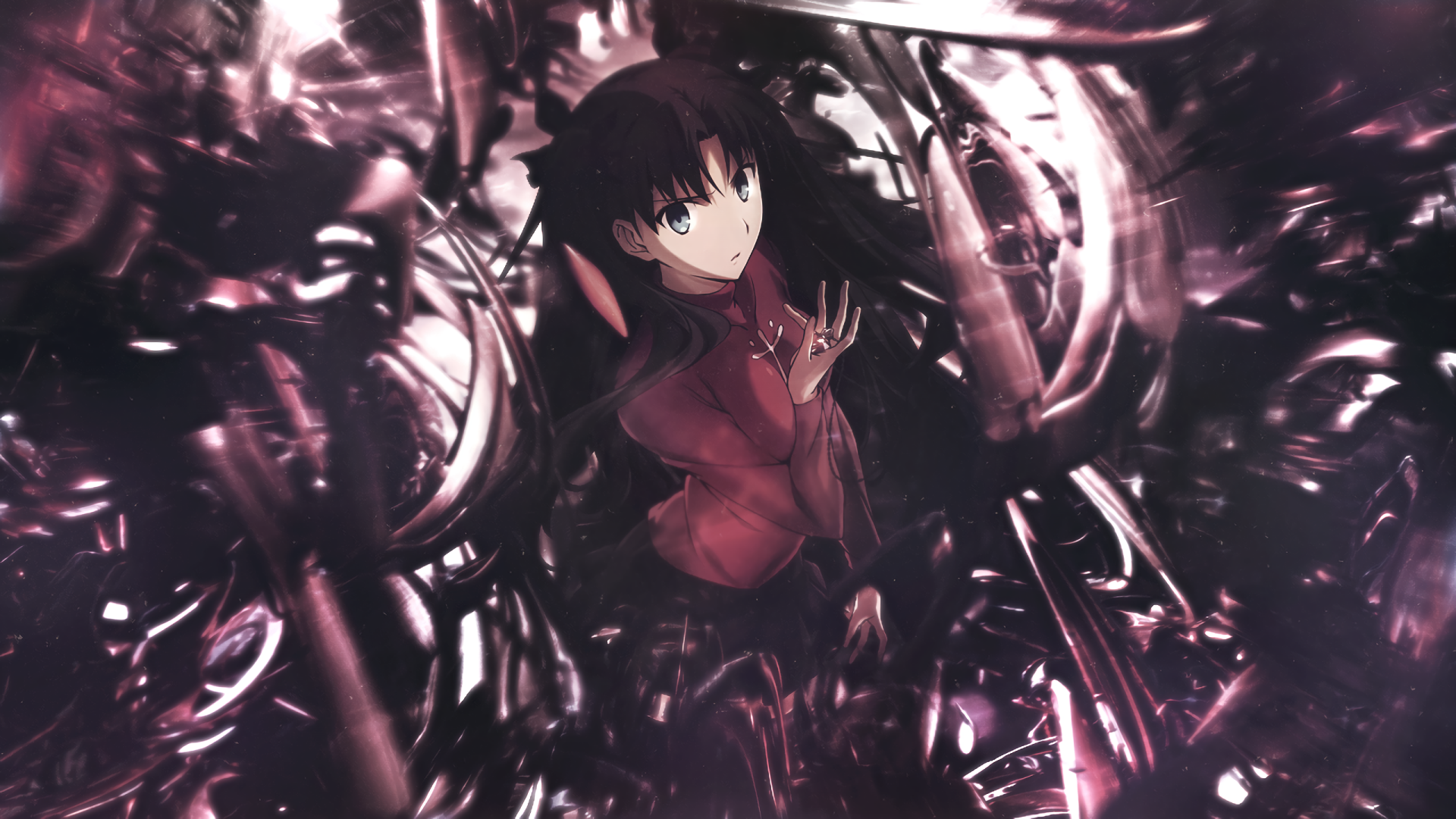 HD PC desktop wallpaper featuring Rin Tohsaka from the anime Fate/Stay Night surrounded by a dark, abstract, and dynamic background.