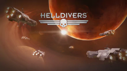 HD wallpaper of Helldivers featuring spaceships in orbit around a red planet with the game's logo prominently displayed.