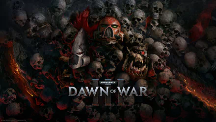 HD wallpaper of Warhammer 40,000: Dawn of War III featuring a warrior surrounded by skulls in a dark theme.