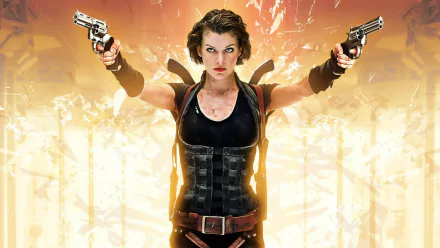 HD desktop wallpaper featuring Milla Jovovich as Alice from the movie Resident Evil: Afterlife, standing confidently with two guns, against a background of fiery explosions.