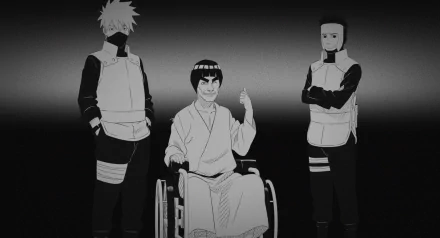 HD desktop wallpaper featuring Might Guy in a wheelchair, flanked by Yamato and Kakashi Hatake from the anime series Naruto and Boruto. The background is a dark gradient, adding a dramatic effect.