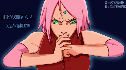 HD PC desktop wallpaper featuring Sakura Haruno from Naruto in a focused pose with vibrant pink hair and green eyes against a dark background.