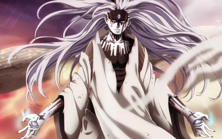 HD PC desktop wallpaper and background of Momoshiki Ōtsutsuki from the Boruto anime, shown in a dramatic pose with flowing white hair and crackling, glowing chakra energy.