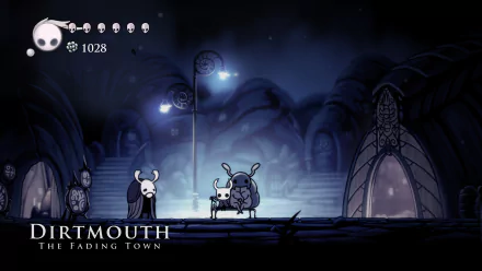 4K PC desktop wallpaper from the video game Hollow Knight: Elderbug and Bretta sit on a bench in misty, blue-lit Dirtmouth with HUD icons visible.